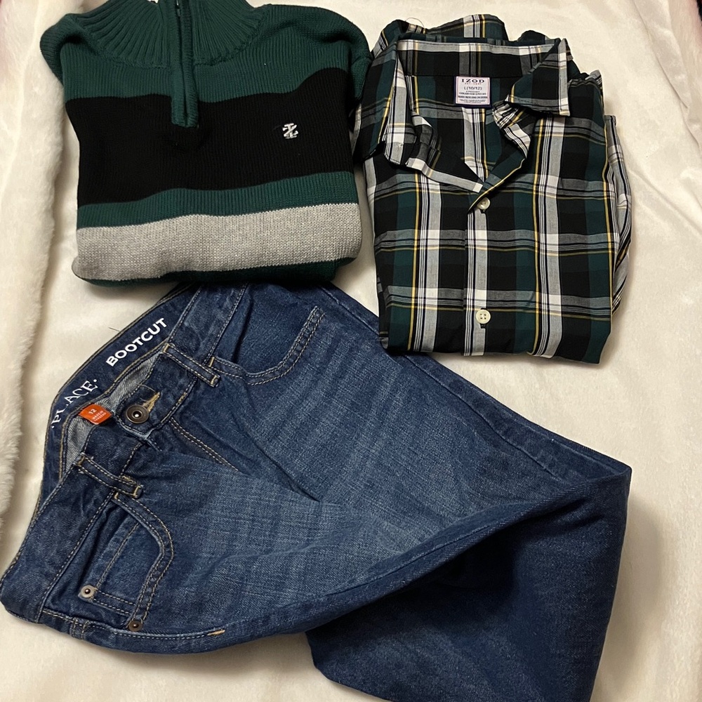 NWT Izod Boys 10/12 sweater/long sleeve Buttondown shirt set + CP jeans 12